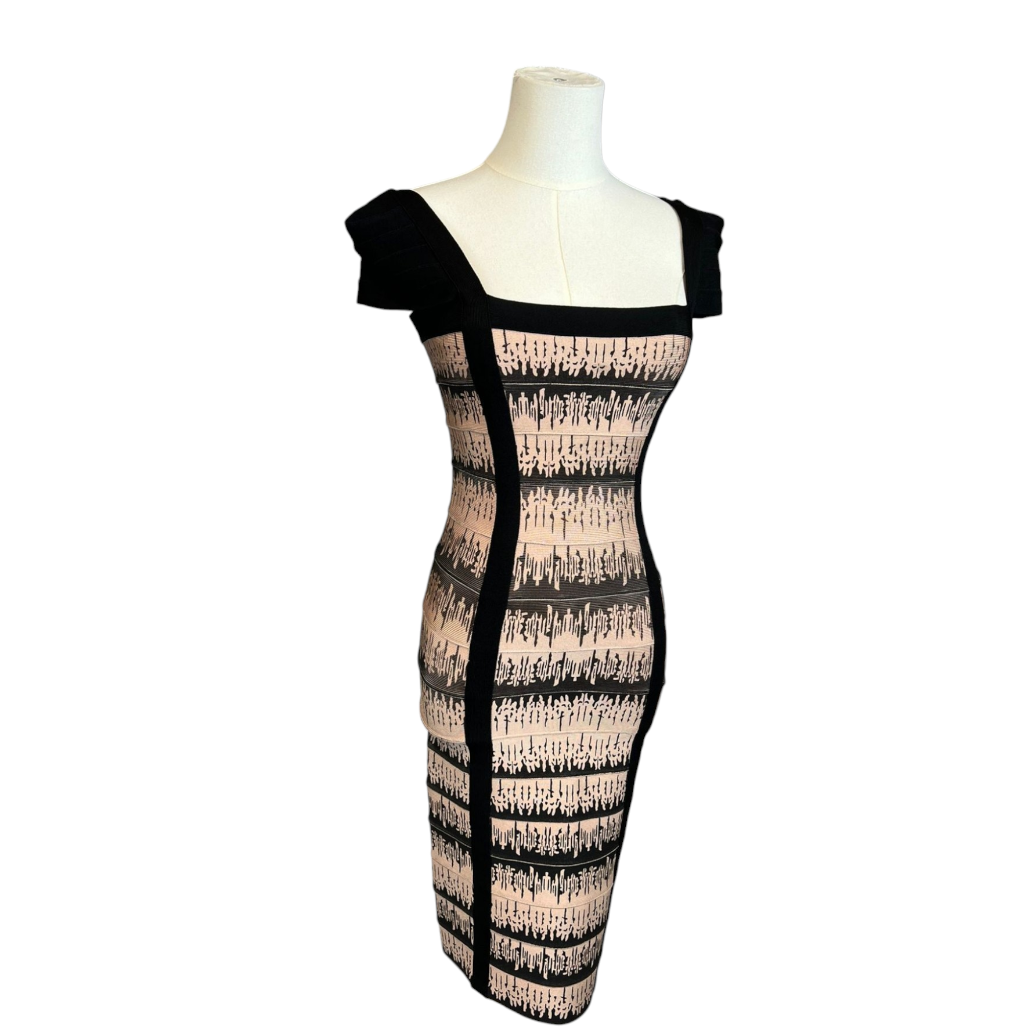 Herve Leger Elegant Nude/Black Dress with Capped Sleeves and Square Ne FADVault Herve Leger Elegant Nude/Black Dress with Capped Sleeves and Square Ne FADVault