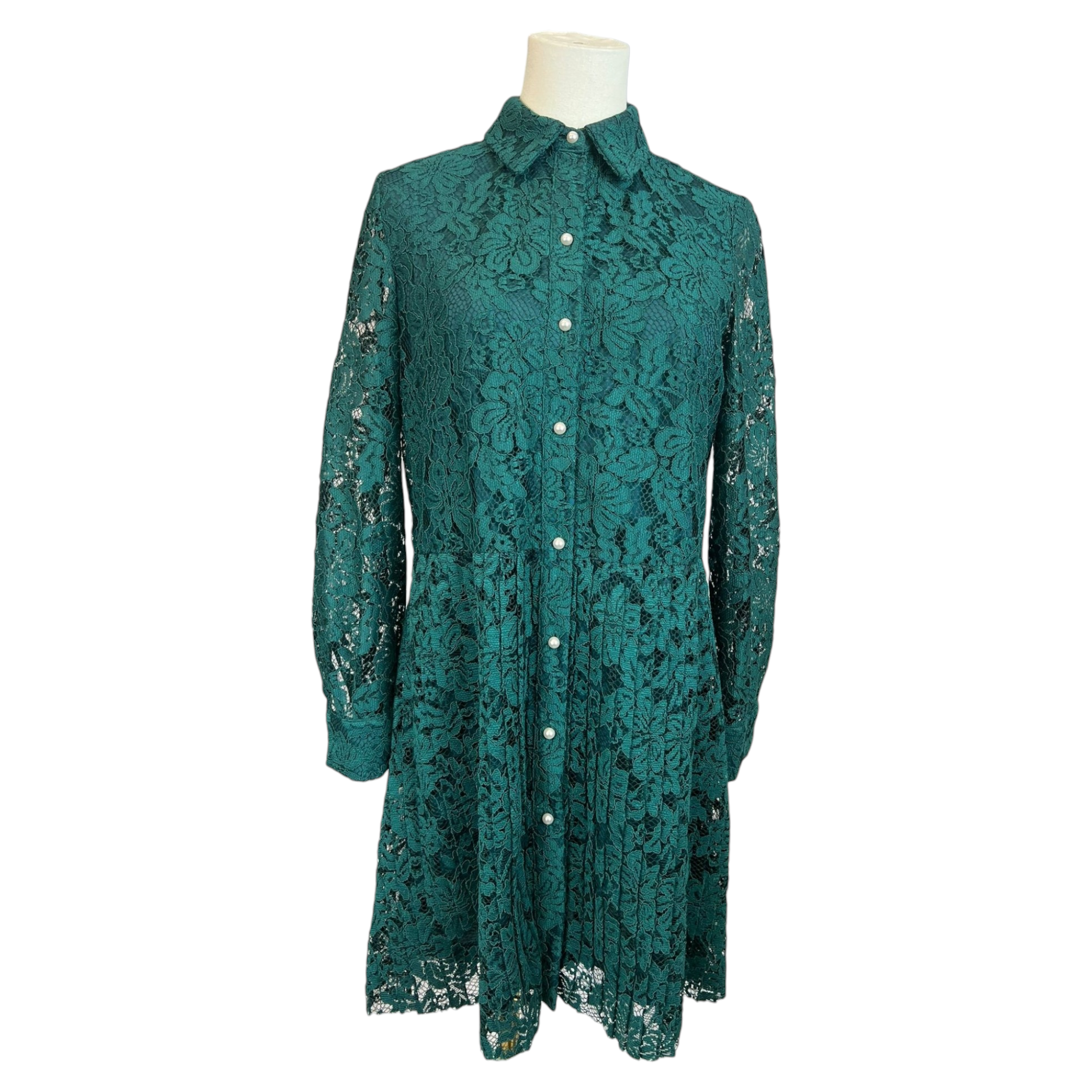 Zara Basic Elegant Emerald Green Lace Dress with Faux Pearl Buttons, S FADVault Zara Basic Elegant Emerald Green Lace Dress with Faux Pearl Buttons, S FADVault