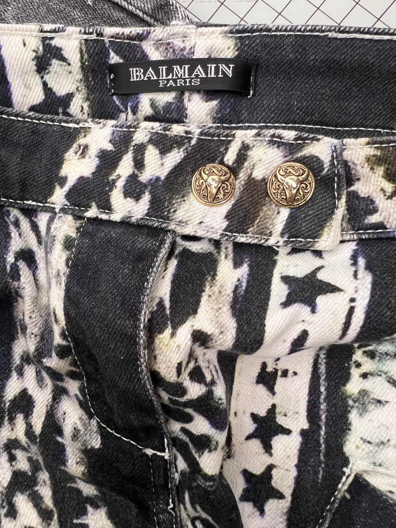 Balmain Woman’s Runway Biker Jeans Abstract Printed (French Size 36) Signature Buttons Ankle Zip