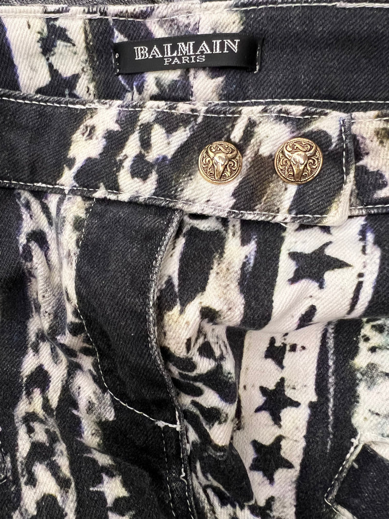 Balmain Woman’s Runway Biker Jeans Abstract Printed (French Size 36) Signature Buttons Ankle Zip