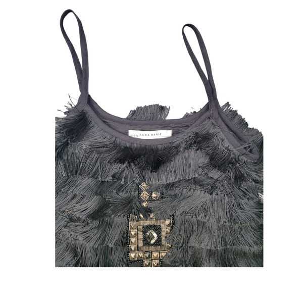 Zara Small Black Beaded Fringed Aztec Dress