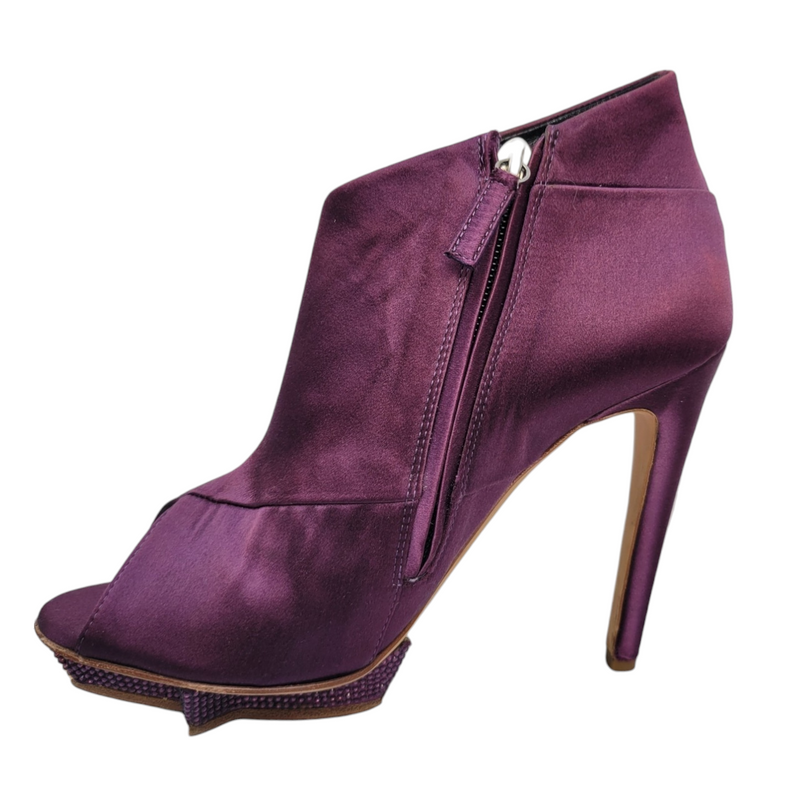 Rupert Sanderson Purple Satin Open Toe Ankle Boots Size 38.5