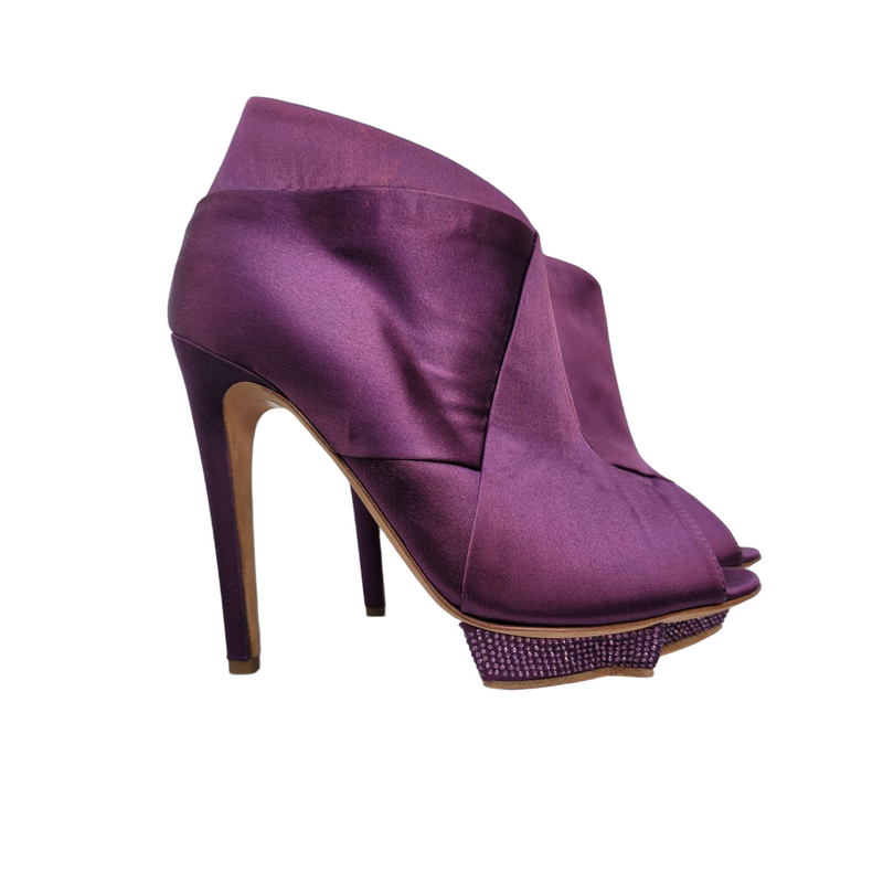 Rupert Sanderson Purple Satin Open Toe Ankle Boots Size 38.5