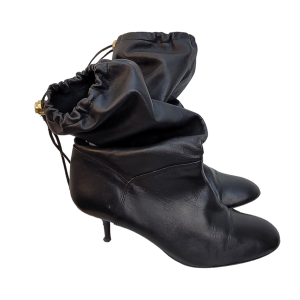 Zara Black Leather Ankle Boots with Drawstring Closure Size 38