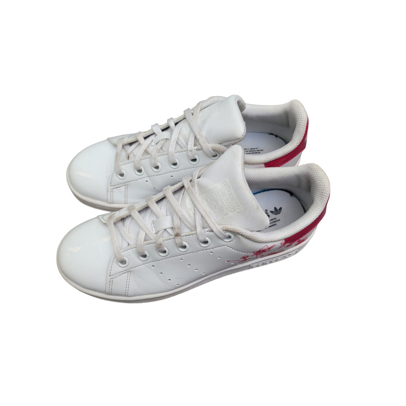 Adidas White Patent Leather Trainers with Pink Flower Design - UK4