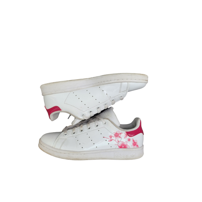 Adidas White Patent Leather Trainers with Pink Flower Design - UK4