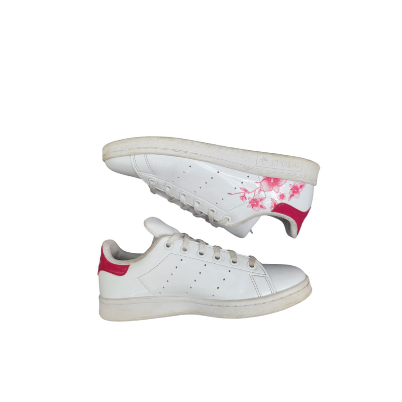 Adidas White Patent Leather Trainers with Pink Flower Design - UK4