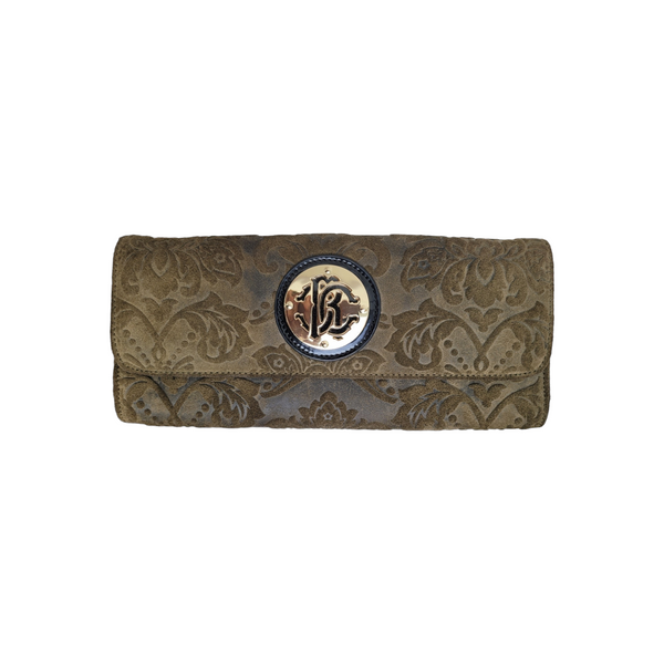 Roberto Cavalli Beautiful Damask Patterned Green Suede Clutch Bag, Small