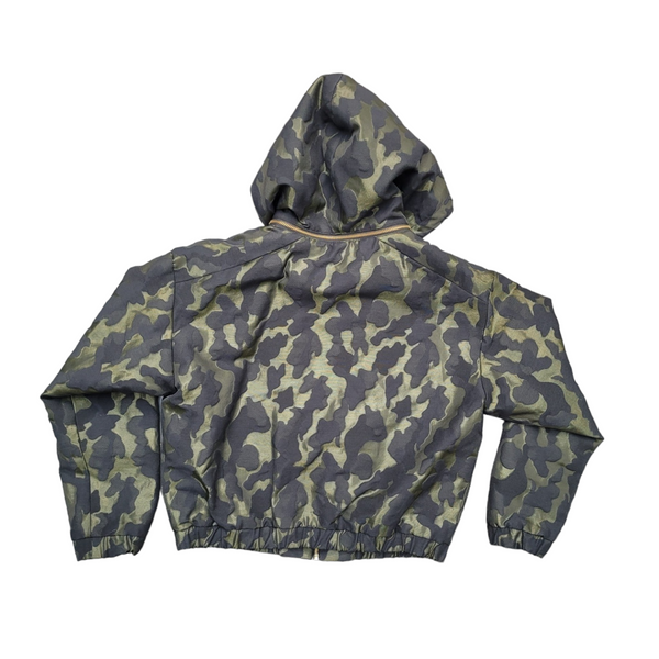 Zara Metallic Khaki and Black Camouflage Cropped Jacket with Detachable Hood, Size Small