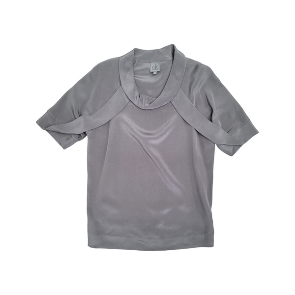 Calvin Klein Woman’s Stunning Grey Silk Top with Drape Details, Size Small