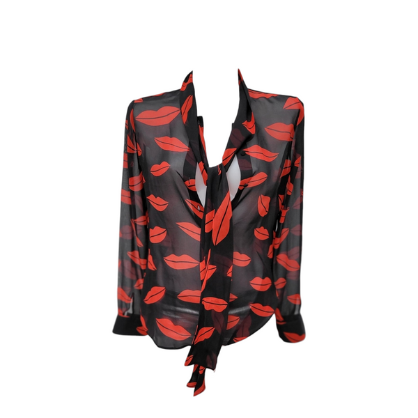 Yves Saint Laurent Iconic Lip Print Silk Blouse with Attached Scarf, Size 36, Black