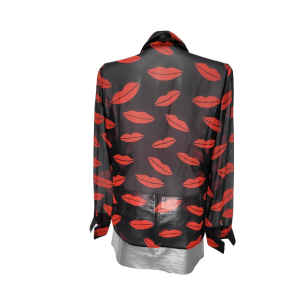 Yves Saint Laurent Iconic Lip Print Silk Blouse with Attached Scarf, Size 36, Black