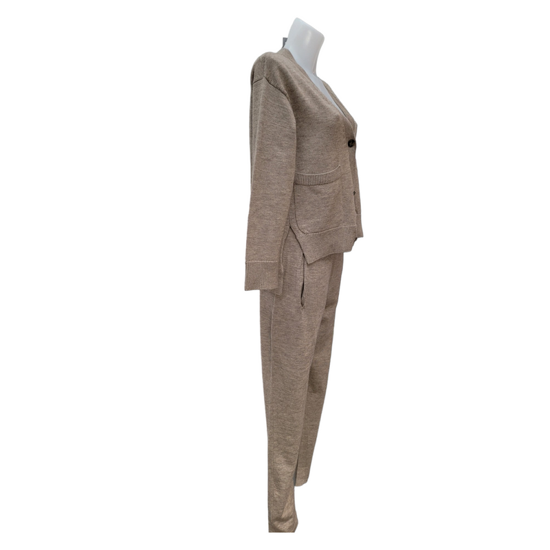 Lanvin Oversized Biscuit Knitted Cardigan and Trouser Set, 70% Wool 30% Yack, Size Small