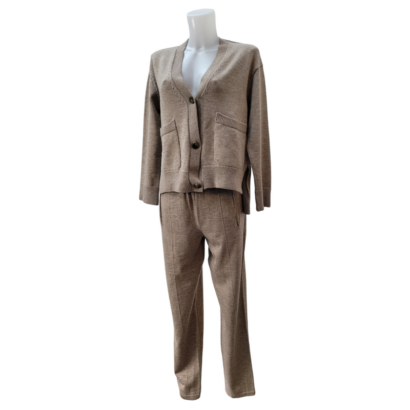 Lanvin Oversized Biscuit Knitted Cardigan and Trouser Set, 70% Wool 30% Yack, Size Small