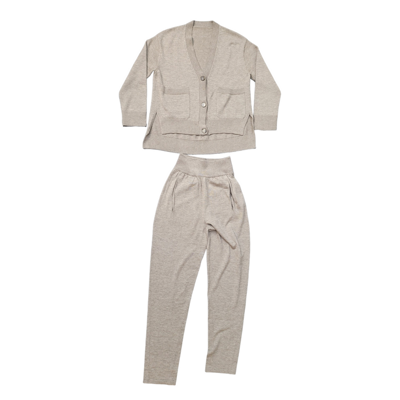 Lanvin Oversized Biscuit Knitted Cardigan and Trouser Set, 70% Wool 30% Yack, Size Small