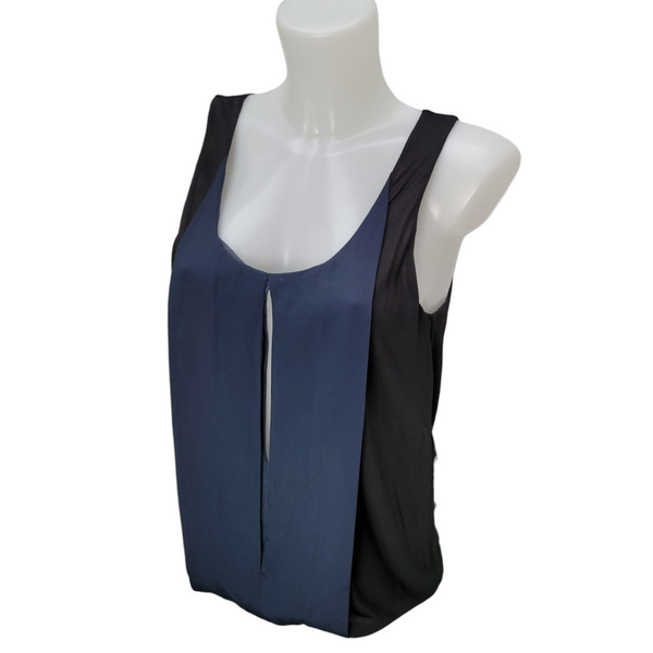 Chloe Woman's Elegant Navy Blue and Black Sleeveless Silk Mix Top, Size XS