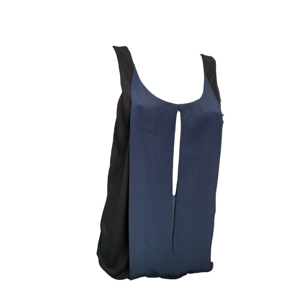 Chloe Woman's Elegant Navy Blue and Black Sleeveless Silk Mix Top, Size XS