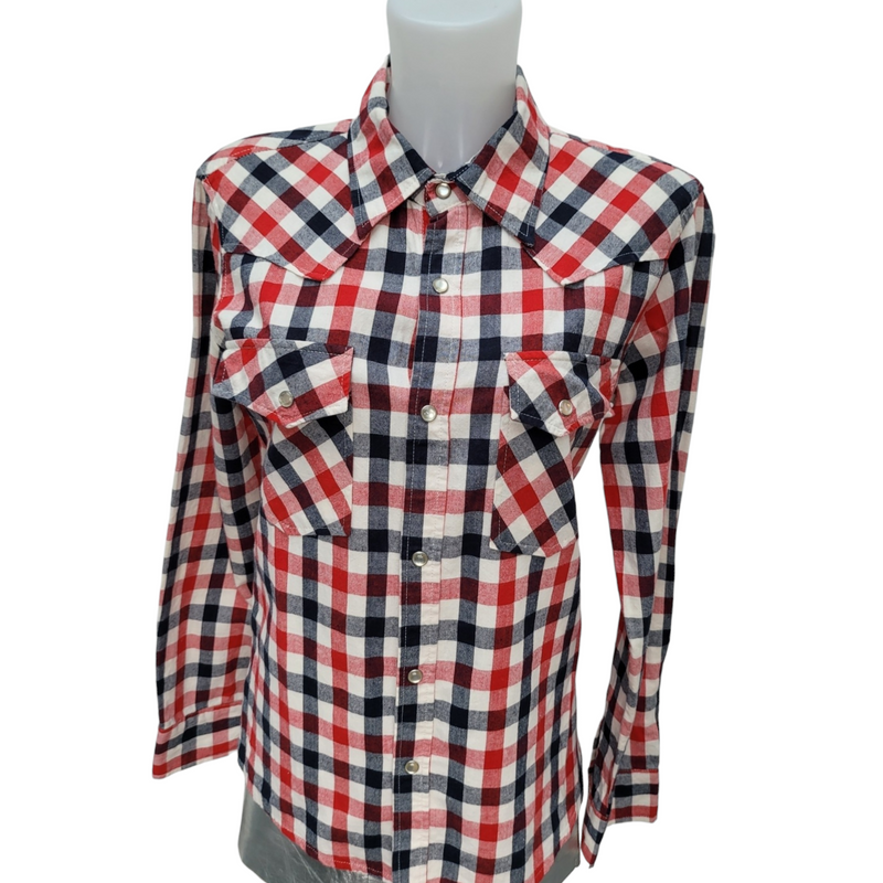 Kamimura Unisex Tokyo Stunning Red Blue Check Cotton Shirt with Crystal Skull, Size M, Like New<br>