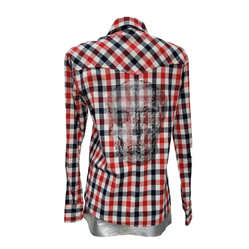 Kamimura Unisex Tokyo Stunning Red Blue Check Cotton Shirt with Crystal Skull, Size M, Like New<br>