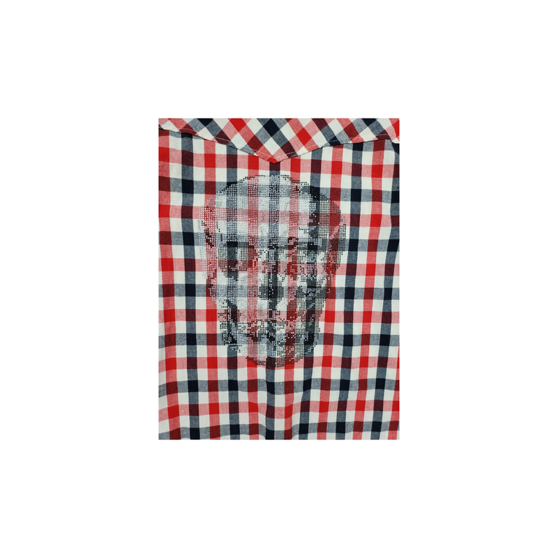 Kamimura Unisex Tokyo Stunning Red Blue Check Cotton Shirt with Crystal Skull, Size M, Like New<br>