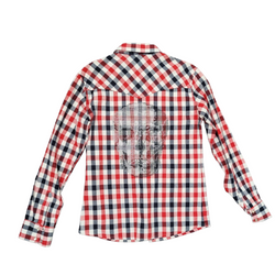 Kamimura Unisex Tokyo Stunning Red Blue Check Cotton Shirt with Crystal Skull, Size M, Like New<br>