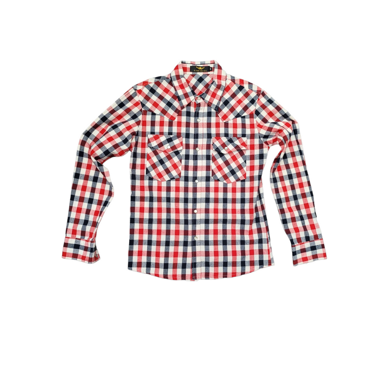 Kamimura Unisex Tokyo Stunning Red Blue Check Cotton Shirt with Crystal Skull, Size M, Like New<br>