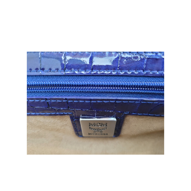 MCM Small Metallic Blue, Faux Croc, Tonal Patent Clutch Bag