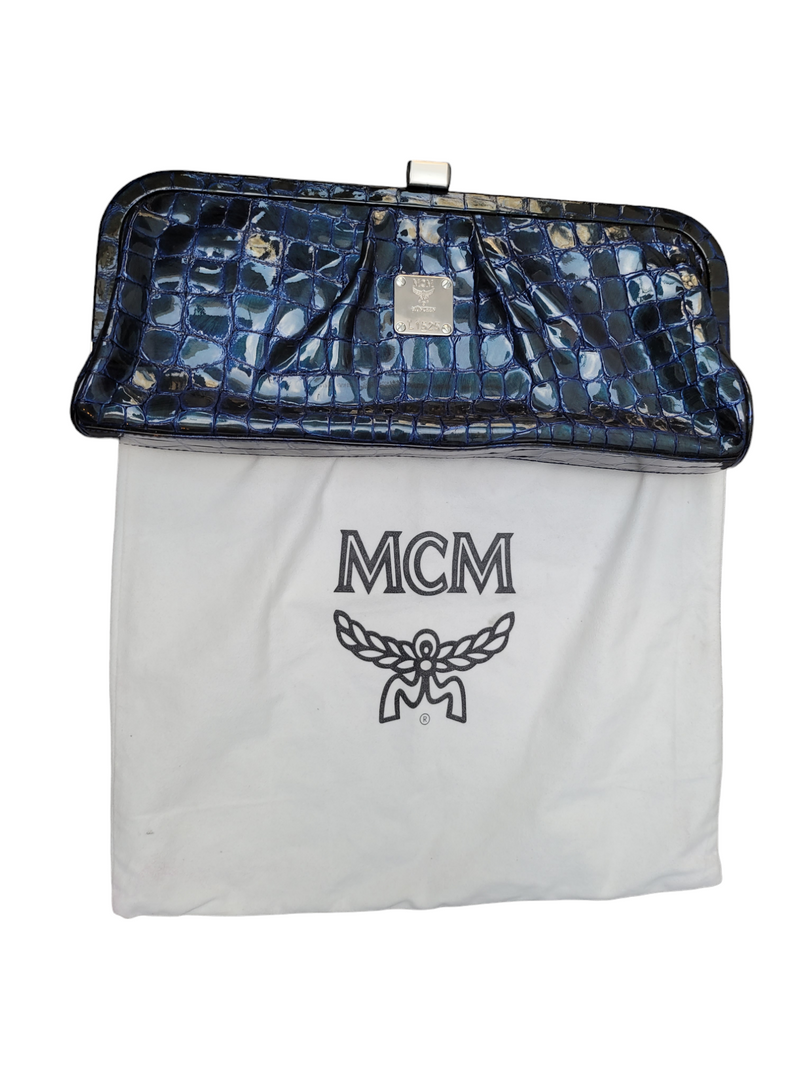 MCM Small Metallic Blue, Faux Croc, Tonal Patent Clutch Bag