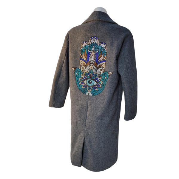 Bespoke Oversized Soft Grey Coat with Hand of Hamza Crystal Motif, Size M