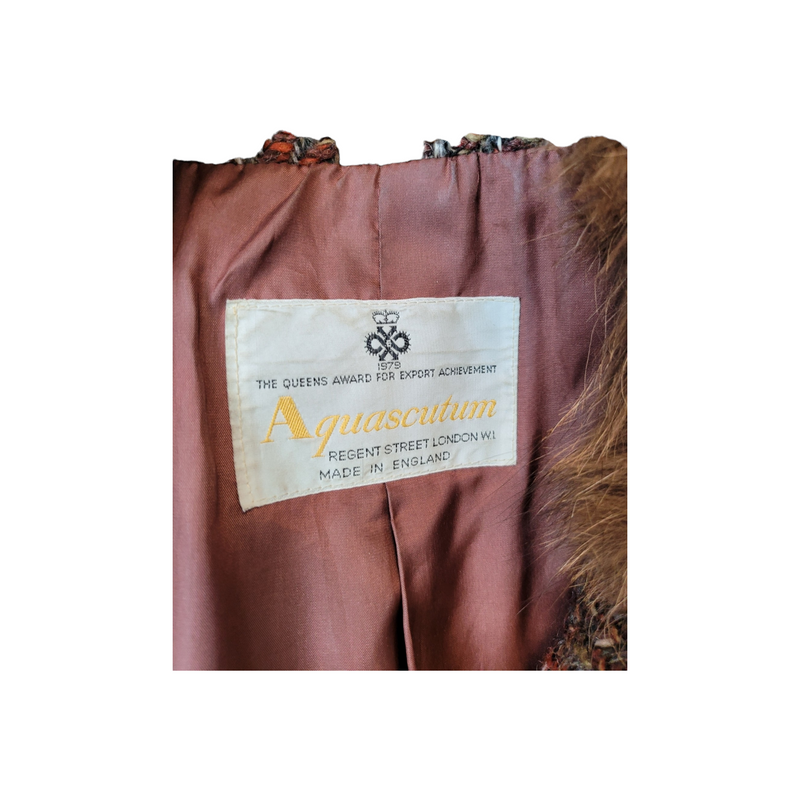 Vintage Aquascutum Beautiful Woven Woollen Coat in Auburn with Fox Fur, Size S/M
