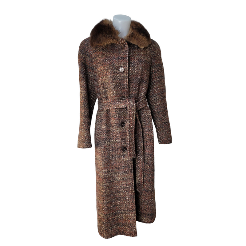 Vintage Aquascutum Beautiful Woven Woollen Coat in Auburn with Fox Fur, Size S/M