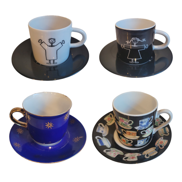 Mixed Assortment of Lovely Espresso Cups and Saucers, Standard Size