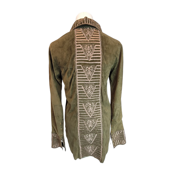 Italian Luxury Woman's Suede & Silk Silk Shirt with Stunning Embroidery in Green, Size Small