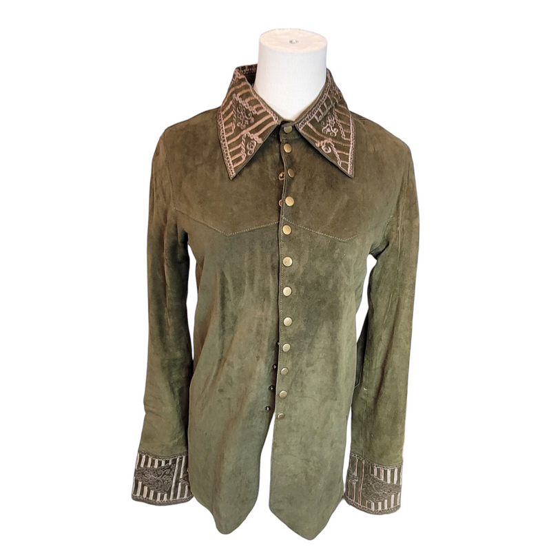 Italian Luxury Woman's Suede & Silk Silk Shirt with Stunning Embroidery in Green, Size Small