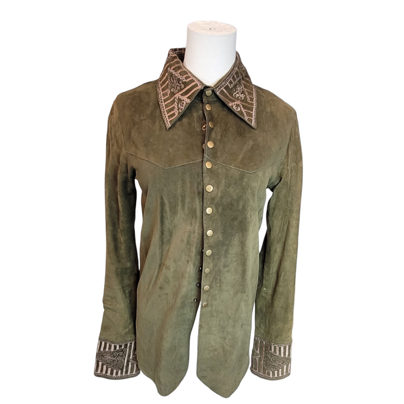 Italian Luxury Woman's Suede & Silk Silk Shirt with Stunning Embroidery in Green, Size Small