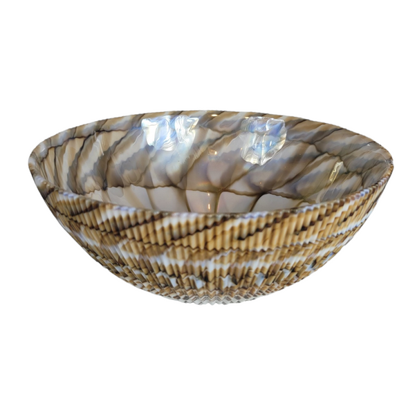 Unsigned Medium Murano Glass Bowl with Ribbed Shell Exterior and Caramel Mixed Hues