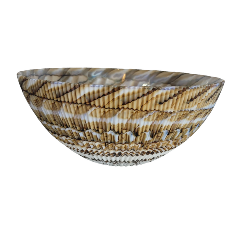 Unsigned Medium Murano Glass Bowl with Ribbed Shell Exterior and Caramel Mixed Hues