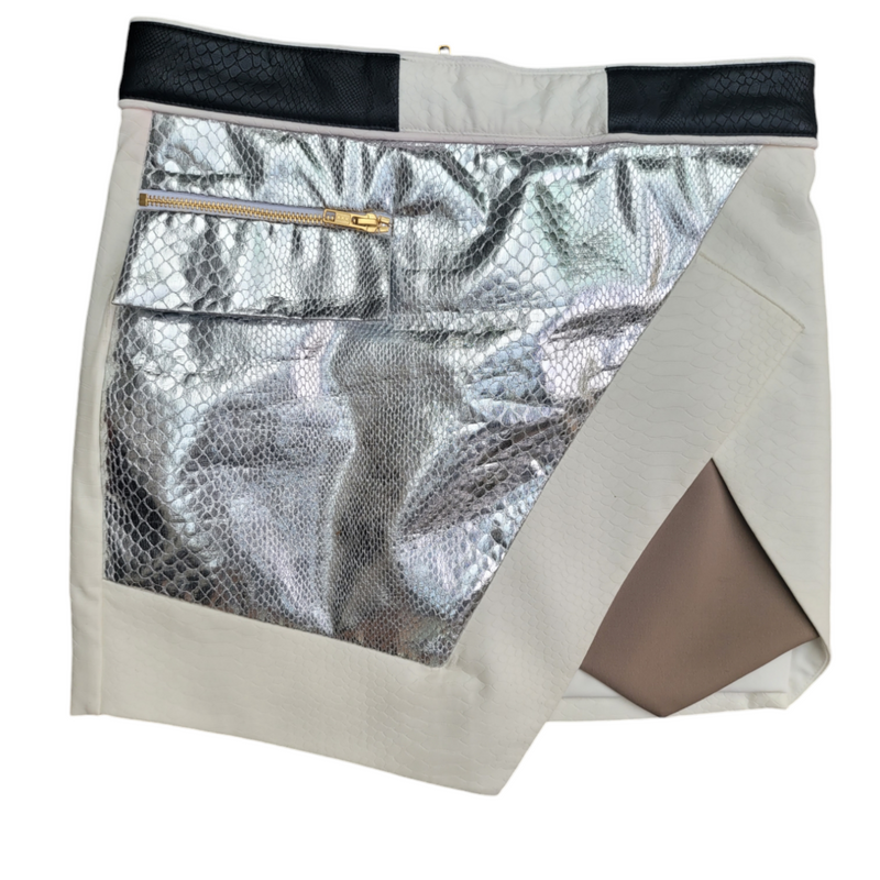 Self Portrait White/Silver/Nude Snake Effect PU Leather Skirt UK10