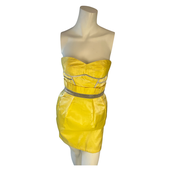 Stunning Genesis Yellow Satin Dress with Grey Velvet Detailing UK8