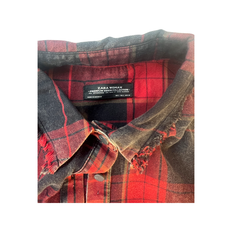 Zara Premium Denim Tartan Punk Shirt with Distressed and Studded Details Size XS