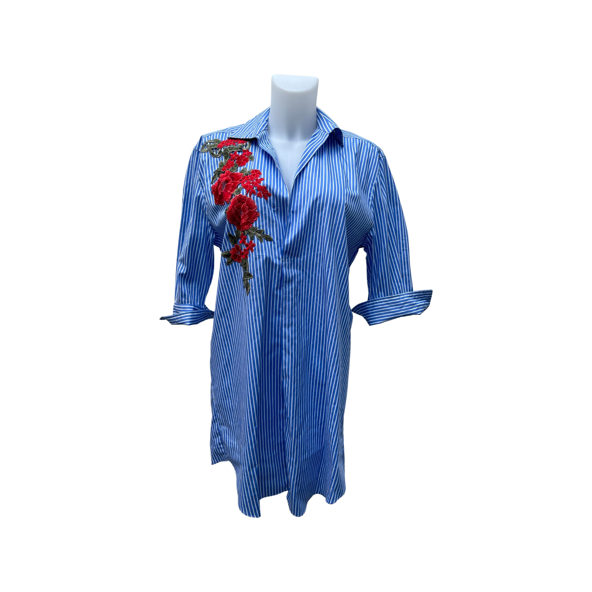 Zara Cotton Shirt Dress Blue Pinstripe Large Embroidery Flowers New Sm FADVault Zara Cotton Shirt Dress Blue Pinstripe Large Embroidery Flowers New Sm FADVault