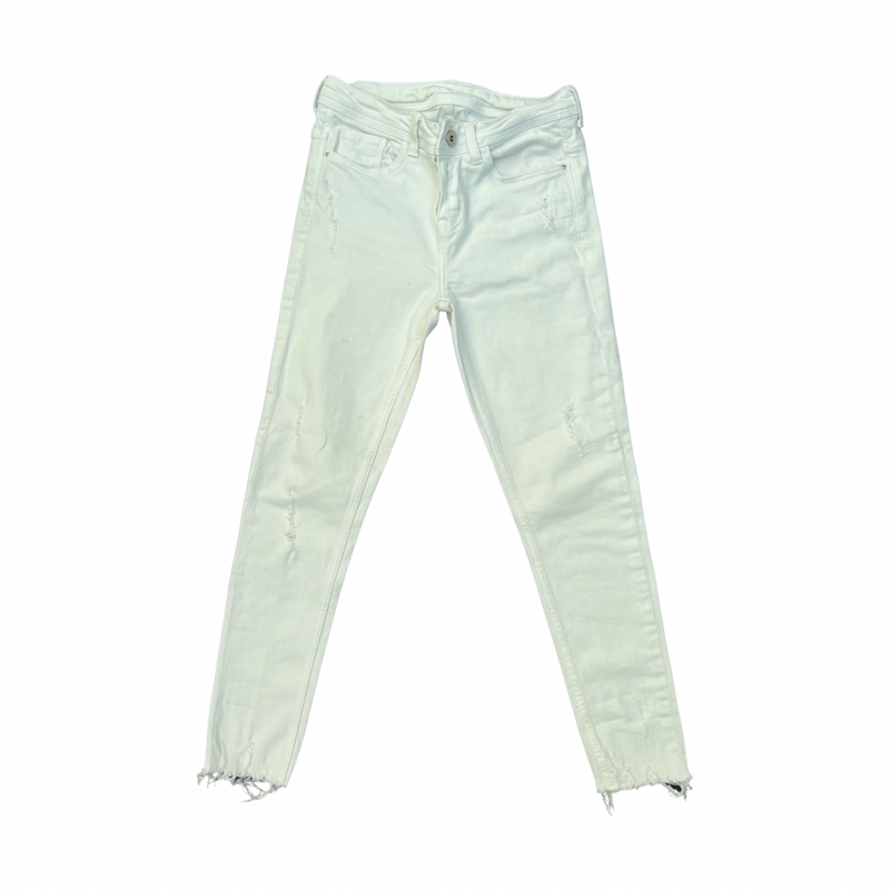 Define Edgy With Zara Woman's White Denim Distressed Cropped Skinny Jeans UK8 Regular Fit