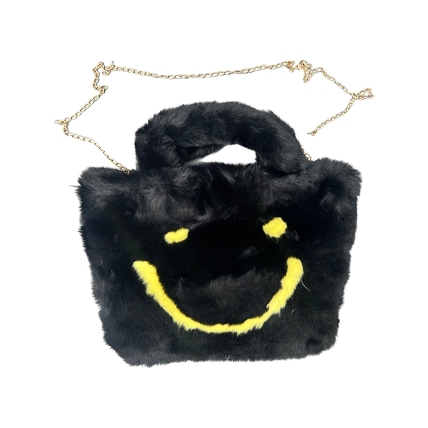 Unsigned Small Black Faux Fur Handbag with Gold Chain Strap