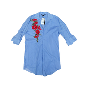 Zara Cotton Shirt Dress Blue Pinstripe Large Embroidery Flowers New Small