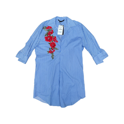 Zara Cotton Shirt Dress Blue Pinstripe Large Embroidery Flowers New Small