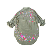 Soft Cotton Khaki Green Shirt Bright Embroidered Flowers Small