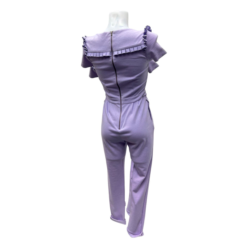 Disaya Lilac Jersey Jumpsuit Small Pleated Shoulder Peephole Neckline