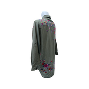 Soft Cotton Khaki Green Shirt Bright Embroidered Flowers Small
