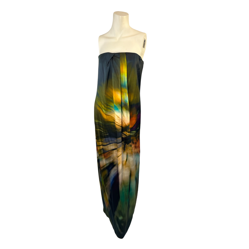 Make a Statement in this Strapless Abstract Print Corseted Dress Crafted from Pure Silk Full-Length UK8 Style