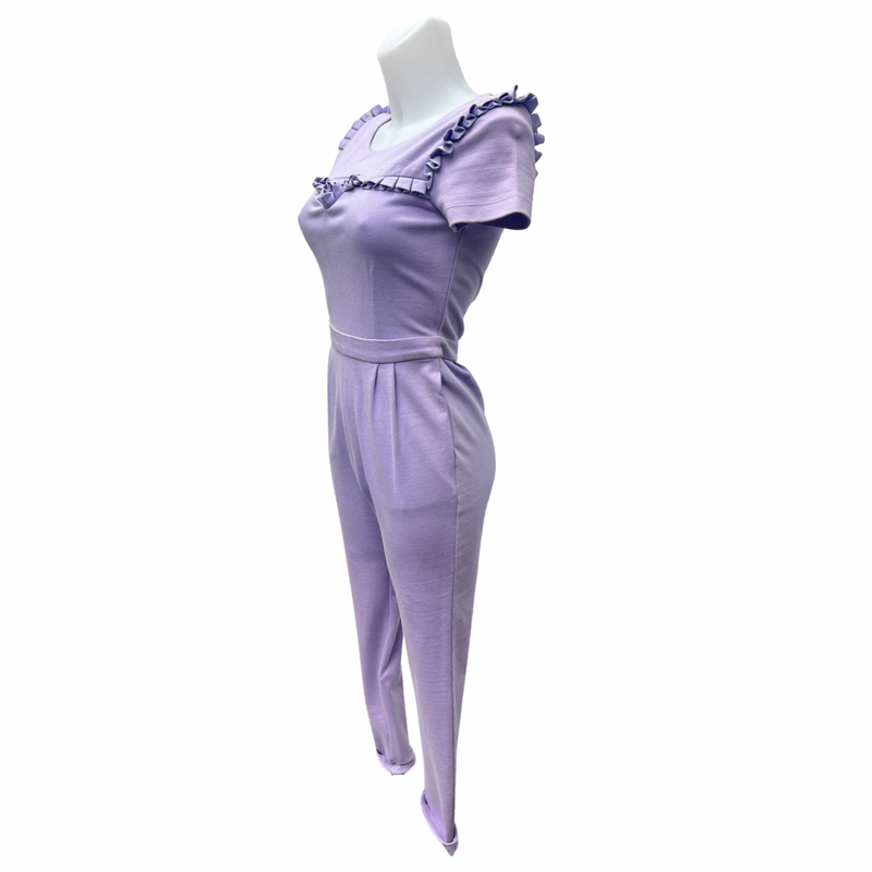 Disaya Lilac Jersey Jumpsuit Small Pleated Shoulder Peephole Neckline